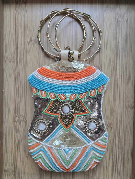 Vintage Handbags - David Jeffery Beaded & Sequin Wristlet Bag with Gold Hoop Handle
